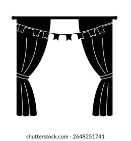 Ilustração de vetor de silhueta preta de uma cortina de festa com bunting contra um fundo branco. A cortina está amarrada em ambos os lados. Estilo simples.
