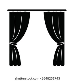 Uma ilustração de vetor de silhueta preta de um ícone de cortina de partido contra um fundo branco A cortina é representada como dois painéis amarrados de volta com uma haste simples no topo.