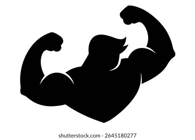 Black silhouette vector illustration of a person flexing their biceps forming a heart shape against a white background. The style is simple and bold.