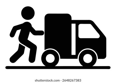 Black silhouette vector illustration of a person walking towards a delivery truck on a white background. Simple minimalist style.