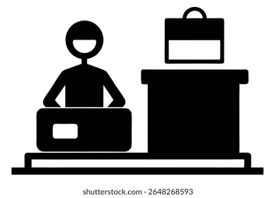 Black silhouette vector illustration of a person processing an order at a counter with a package and bag. Simple minimalist style.
