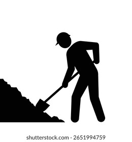 Ilustração de vetor de silhueta preta de uma pessoa usando um chapéu duro cavando um buraco com uma pá contra um fundo branco. O estilo é simples e minimalista.