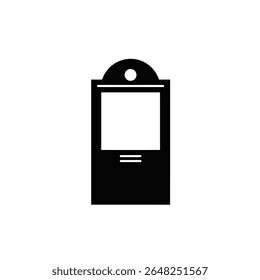 Um vetor de silhueta preta ilustração de um quadro de cabine de fotografia contra um fundo branco O quadro tem um design simples com topo arredondado e um pequeno círculo no centro superior.