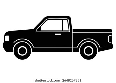 Black silhouette vector illustration of a pickup truck viewed from the side against a white background The image is simple and minimalist in style