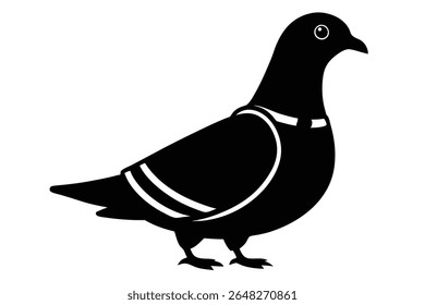Ilustração de vetor de silhueta preta de um pombo vestindo um arnês contra um fundo branco. O estilo é simples e mínimo.