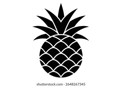 A black silhouette vector illustration of a pineapple against a white background The pineapple is depicted in a simple style with defined lines and shapes.