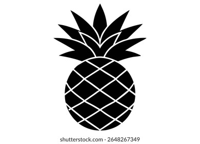 A black silhouette vector illustration of a pineapple against a white background The pineapple is depicted in a simple geometric style with bold lines.
