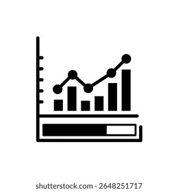 Uma ilustração de vetor de silhueta preta de um ícone de painel de controle de pontos contra um fundo branco. O ícone representa um gráfico de barras com um gráfico de linhas sobreposto mostrando o progresso para cima.