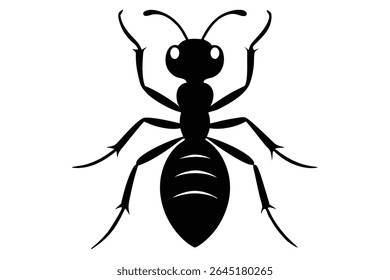 A black silhouette vector illustration of a queen ant against a white background The ant is depicted from a top-down perspective showing detailed legs and antennae.