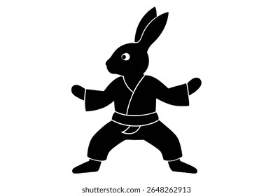 Black silhouette vector illustration of a rabbit wearing a karate gi and white belt in a fighting stance against a white background.