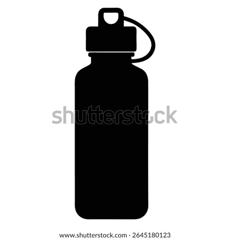 A black silhouette vector illustration of a reusable water bottle against a white background The bottle has a simple design with a cap and a carrying loop.