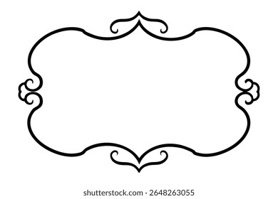 A black silhouette vector illustration of a rococo style frame with ornate details on a white background. The frame features swirling patterns and scrollwork.