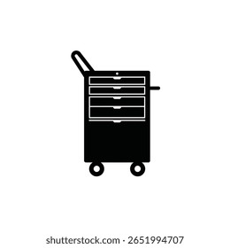 A black silhouette vector illustration of a rolling tool cart with four drawers against a white background. The cart has a handle and wheels. The style is simple and minimal.