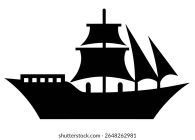A black silhouette vector illustration of a sailing ship against a white background. The ship has three sails and a simple hull. The style is minimalist and graphic.