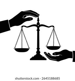Black silhouette vector illustration of scales of justice held by two hands against a white background. Simple graphic style.