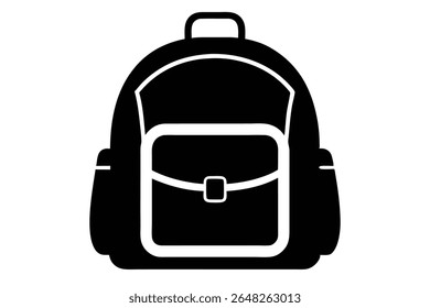 A black silhouette vector illustration of a school backpack against a white background The backpack has a simple design with a single front pocket and a top handle.