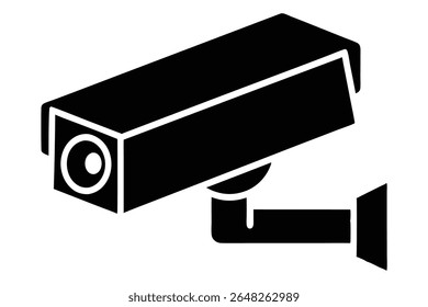 Una Ilustración vectorial de silueta negra de una cámara de seguridad inclinada hacia la derecha contra un fondo blanco La cámara se representa en un estilo negro sólido simple con una lente visible