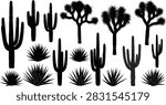 Black silhouette vector illustration set featuring various desert plants including saguaro cactus joshua trees and agave for arid landscape nature and southwestern branding designBlack silhouette vector illustration set featuring various desert plants including saguaro cactus joshua trees and agave for arid landscape nature and southwestern branding design