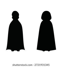Um conjunto de ilustrações em vetor de silhueta preta mostrando duas figuras distintas, possivelmente masculinas e femininas, ambas cobertas longas e fluidas, perfeitas para trajes ou temas de fantasia.