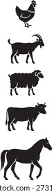 Black silhouette vector illustration set of farm animals including chicken, goat, sheep, cow, and horse. This collection highlights livestock, agriculture, and rural farm life in a simple and clean silhouette style. Ideal for graphic design, educational use, editorial projects, infographics, posters, books, logos, icons, and farming related visuals.