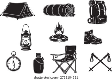 Conjunto de Ilustración vectorial de silueta negra con equipo de camping y senderismo como tienda de campaña, colchoneta para dormir, mochila, linterna, fogata, botas de senderismo, brújula, botella de agua, silla plegable y bastones de trekking. Esta colección representa aventura al aire libre, equipo de camping, elementos esenciales de senderismo, estilo de vida de viaje, equipo de supervivencia y conceptos de exploración de la naturaleza. Adecuado para la marca al aire libre, diseños de viajes, carteles de aventuras, infografías, Sitios web, App móviles, diseños editoriales y materiales educativos.