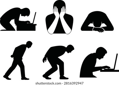 A black silhouette vector illustration set featuring six human figures in stressed or fatigued postures including leaning over a laptop, sitting with hands covering face, resting head on arms, slouched walking, bending forward in exhaustion, and leaning toward a laptop at a desk. Perfect for workplace wellness campaigns, mental health awareness graphics, posture education, and lifestyle design projects.