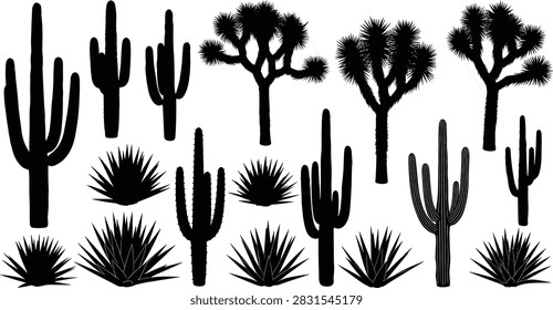 Black silhouette vector illustration set featuring various desert plants including saguaro cactus joshua trees and agave for arid landscape nature and southwestern branding designBlack silhouette vector illustration set featuring various desert plants including saguaro cactus joshua trees and agave for arid landscape nature and southwestern branding design