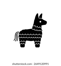 Black silhouette vector illustration of a piñata shaped like a donkey against a white background The piñata features a wavy textured pattern.