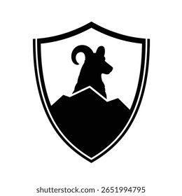 A black silhouette vector illustration of a shield shaped badge featuring a ram or sheep profile over stylized mountains set against a white background. The style is simple and bold.