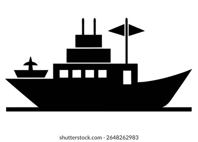 Black silhouette vector illustration of a ship with a small boat attached Simple design against a white background