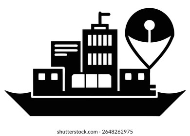 Black silhouette vector illustration of a shipping hub building on a boat with a location pin above It features a minimalist style against a white background