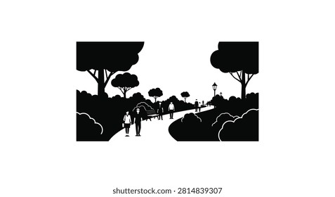 Black silhouette vector illustration showing people walking on pathway through public park with trees benches and street lamps.