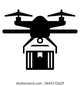A black silhouette vector illustration shows a drone carrying a rectangular package. The image is simple and stark against a white background.