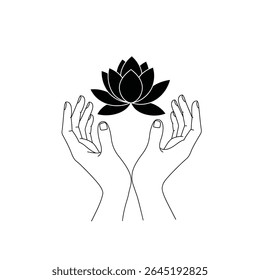 Uma ilustração de vetor de silhueta preta mostra duas mãos suavemente carregando uma flor de lótus contra um fundo branco. O estilo é minimalista e o humor é sereno.