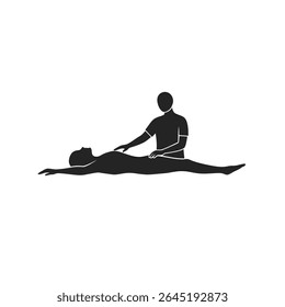 Uma ilustração de vetor de silhueta preta mostra um osteopata tratando suavemente um paciente em decúbito dorsal sobre um fundo branco. O estilo é minimalista.