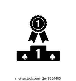 A black silhouette vector illustration shows a first place award icon against a white background The icon depicts a medal with a ribbon above a podium with the number one and club symbols
