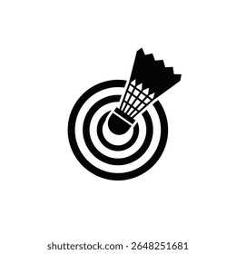 A black silhouette vector illustration of a shuttlecock centered on a concentric circle target board against a white background. The style is simple and graphic.