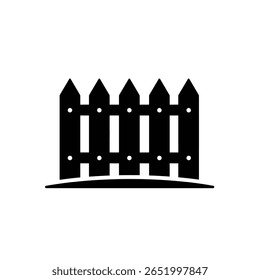 Ilustração de vetor de silhueta preta de um ícone de cerca de jardim simples contra um fundo branco. A cerca tem pontas e pequenos círculos em cada poste. Uma pequena linha de terra é mostrada abaixo.