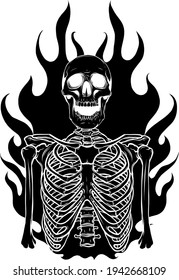 black silhouette of vector illustration of skeleton in flame design