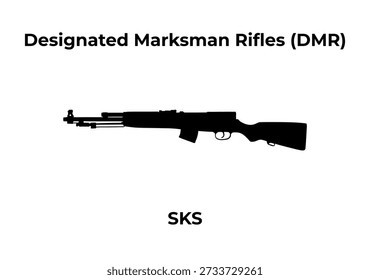 Uma ilustração vetorial de silhueta preta de uma carabina semiautomática SKS centrada em um fundo branco.