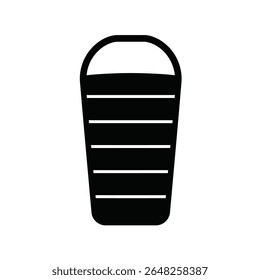 A black silhouette vector illustration of a sleeping bag icon against a white background The icon is simple and features horizontal lines suggesting the texture of a sleeping bag.
