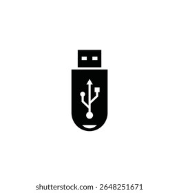Um vetor de silhueta preta ilustração de um ícone USB de unidade de salto pequeno é mostrado centralizado contra um fundo branco O ícone representa uma representação simples de uma unidade flash USB com um símbolo USB.