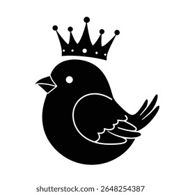 A black silhouette vector illustration of a small bird wearing a crown against a white background The style is simple and minimalist
