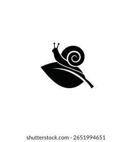 Black silhouette vector illustration of a snail on a leaf against a white background. Simple and minimalist style.