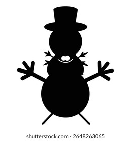 Black silhouette vector illustration of a snowman wearing a top hat against a white background. The snowman has simple features and outstretched arms. The style is minimalist and cartoonish.