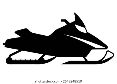A black silhouette vector illustration of a snowmobile against a white background The image is simple and bold with a focus on the snowmobile's shape.