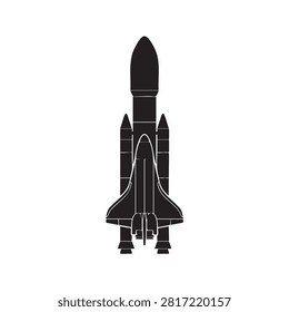 Black silhouette vector illustration of a space shuttle. Spacecraft with boosters, ready for launch into orbit. Iconic design for cosmic exploration and travel, representing aerospace technology and scientific advancement.