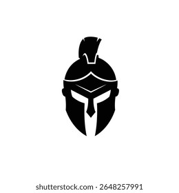 A black silhouette vector illustration of a spartan helmet against a white background The helmet is centrally positioned and features a distinctive crest.