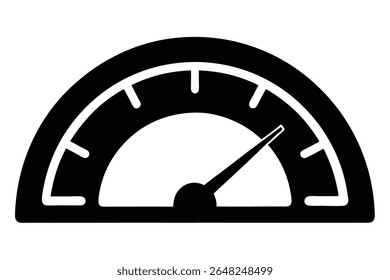 A black silhouette vector illustration of a speedometer shows a needle pointing slightly above zero against a white background. The style is simple and minimal.
