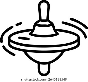 Black silhouette vector illustration of a spinning top toy in motion against a white background. The design uses bold lines to depict the toy's form and movement.